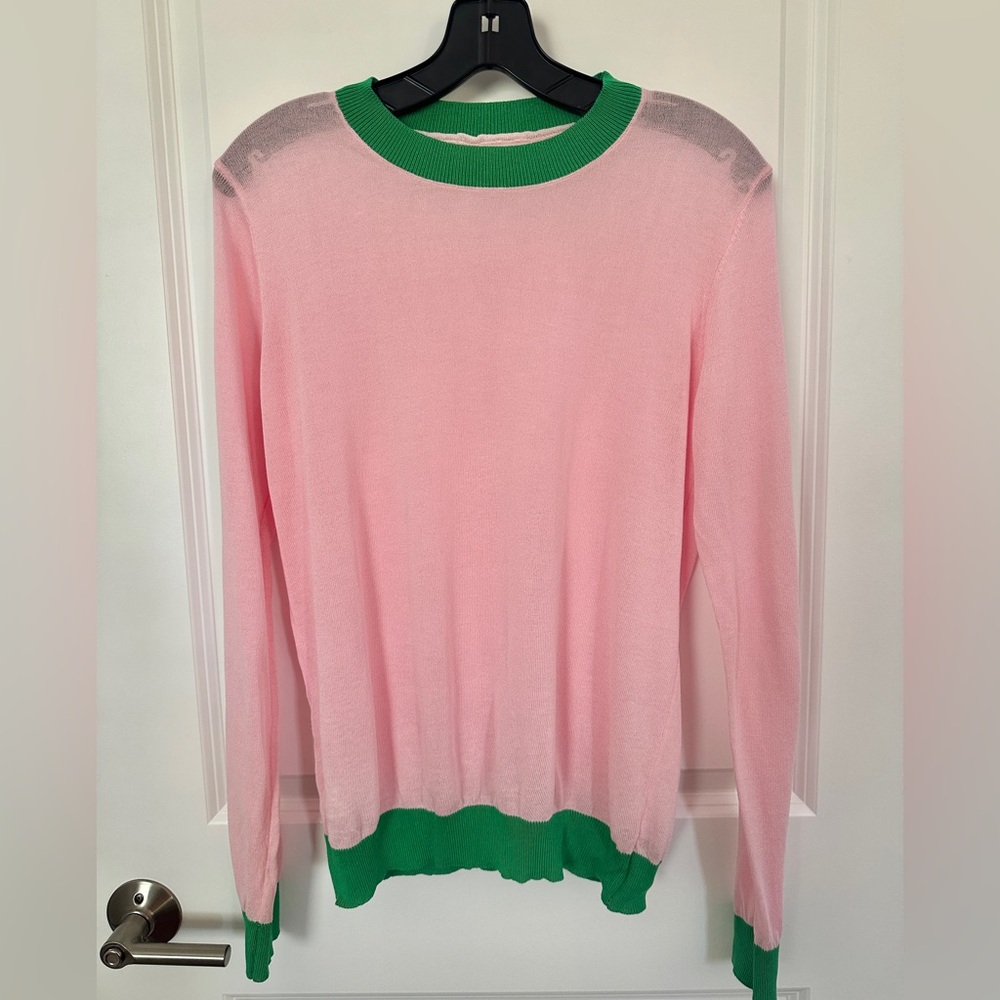 Pink Lightweight Sweater with Green Trim – Long Sleeve Knit Top.  Size:M